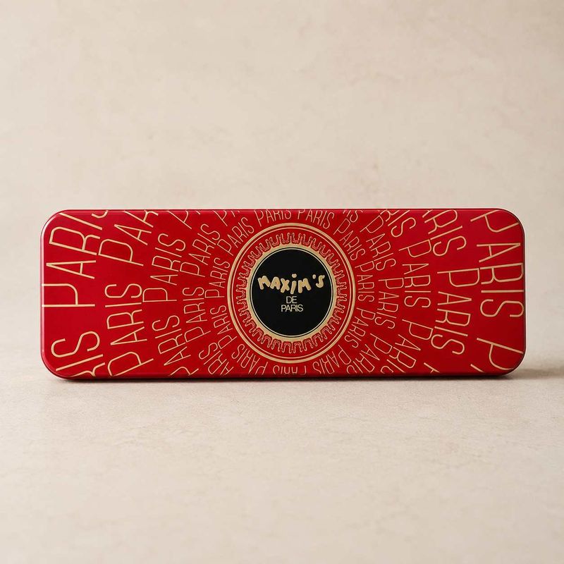 Maxim's sjokoladeruter i metallboks